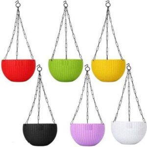 Plastic Woven Design Hanging Euro Basket Planters (Pack of 6, Multicolor)