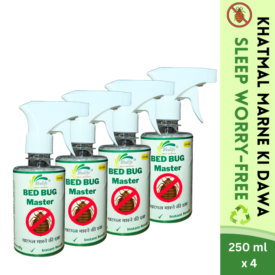 Bhulife BedBug Killer Spray | Khatmal Maar Spray Eco Friendly | No Chemical | No Smell | No Pesticides | Fully Organic 250mlX4