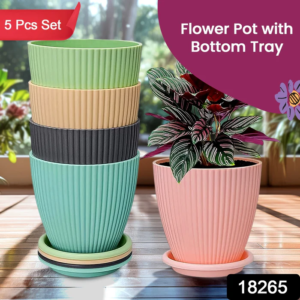Designed Multi Color Plastic Flower Pot With Bottom Tray (5 Pcs Set)
